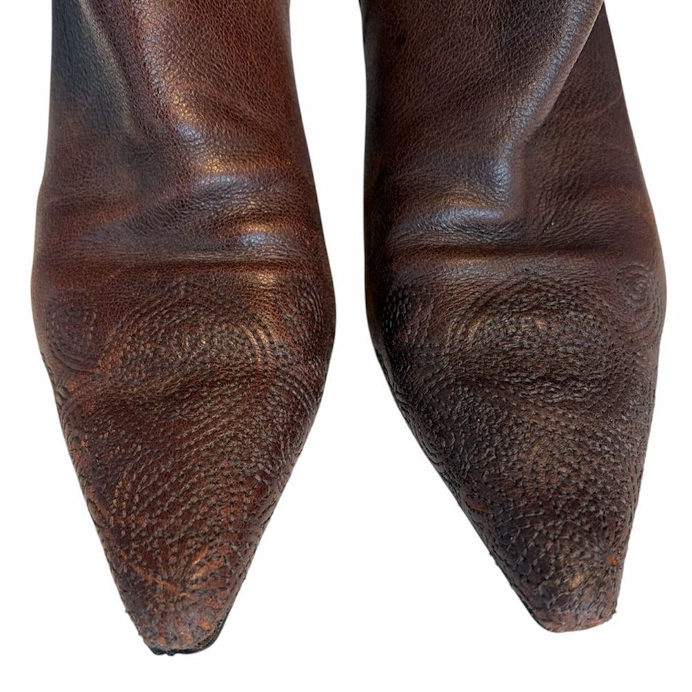 Prada Brown Leather Embroidered Pointed Toe Kitten Heel Bootie Italy EU 38.5 Y2K - Picture 2 of 6